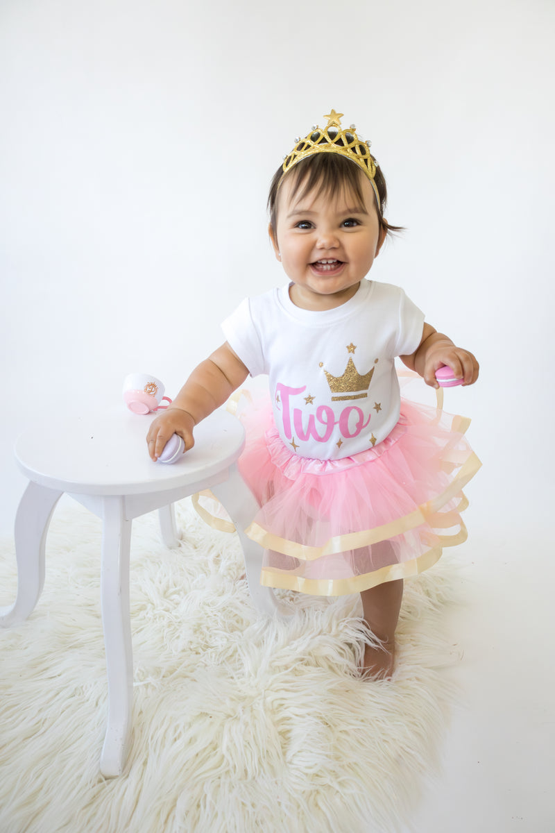 1st First 2nd Second Birthday Party Outfit- Baby Girl Pink Gold Silver Princess Tutu Set and Crown 2nd Birthday Gold Crown Long Sleeve