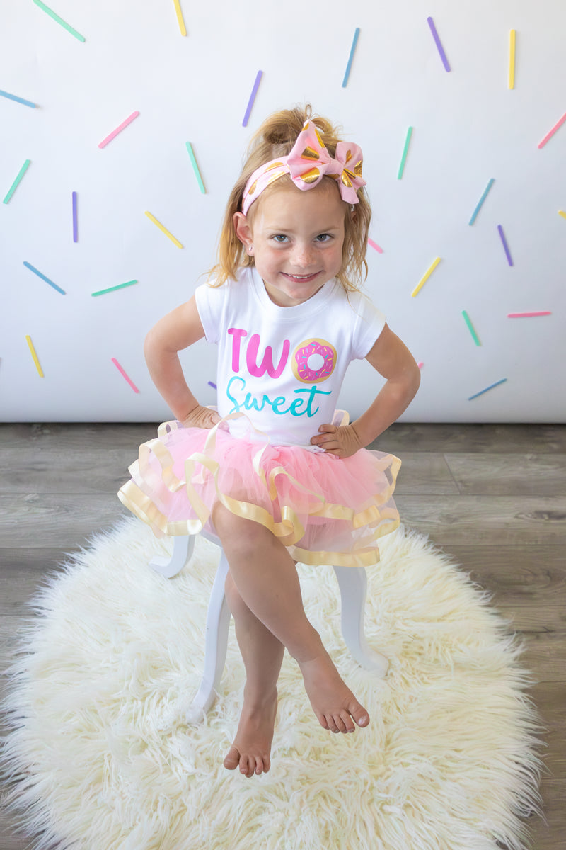 Two Sweet 2nd Birthday Outfit for Girls Short Sleeve Bodysuit, Pink & Gold Tutu Skirt & Bow Headband Set Two Sweet 2nd Birthday Outfit for Girls Short Sleeve Bodysuit, Pink & Gold Tutu Skirt & Bow Headband Set