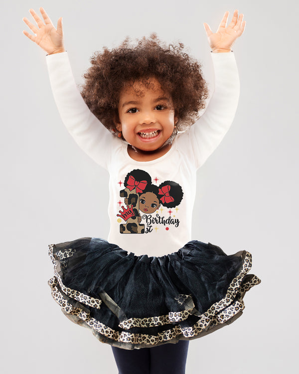 Leopard Afro Puffs 1st Birthday Outfit for Girls – Long Sleeve Bodysuit, Tutu Skirt & Headband Set