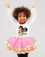 Pink & Gold Afro Puffs 1st Birthday Outfit for Girls – Long Sleeve Bodysuit, Tutu Skirt & Headband Set