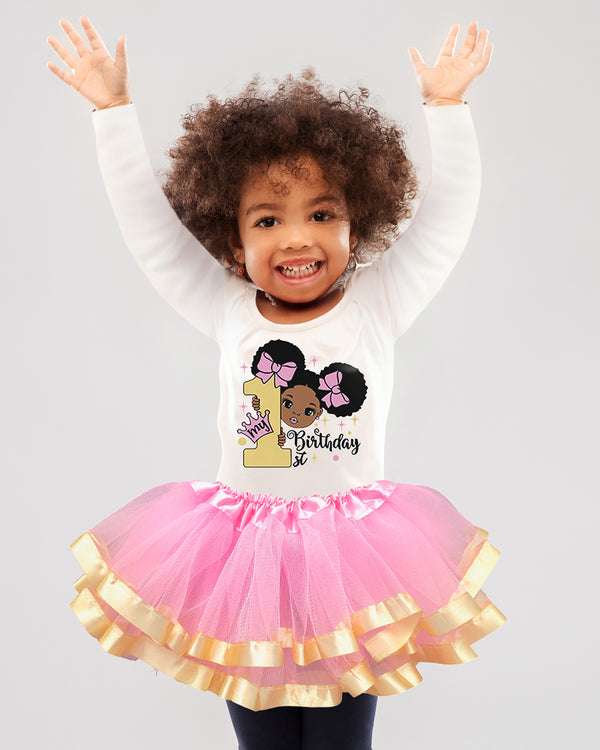 Pink & Gold Afro Puffs 1st Birthday Outfit for Girls – Long Sleeve Bodysuit, Tutu Skirt & Headband Set