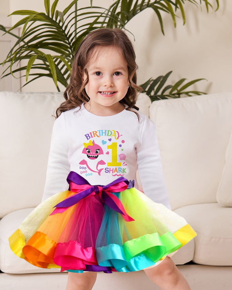 Rainbow Shark 1st Birthday Outfit for Girls – Long Sleeve Bodysuit, Tutu Skirt & Headband Set