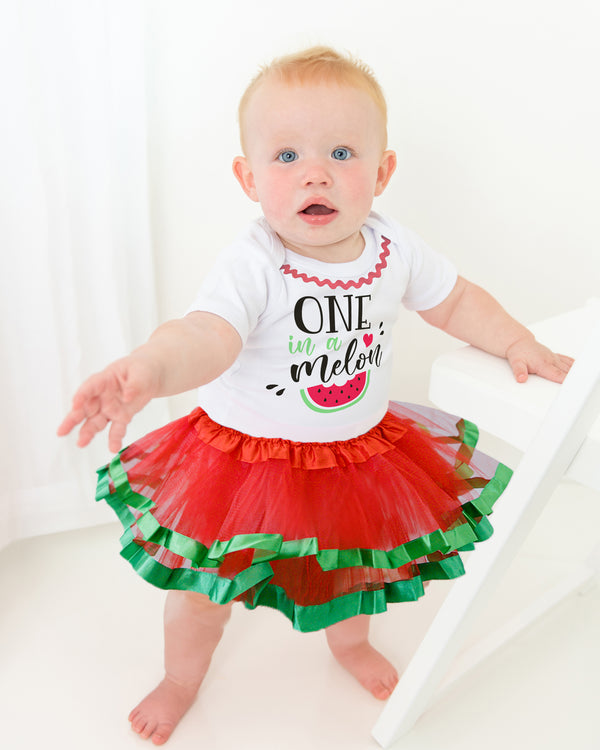 One in a Melon 1st Birthday Outfit for Girls – Short Sleeve Bodysuit, Watermelon Tutu Skirt & Headband Set