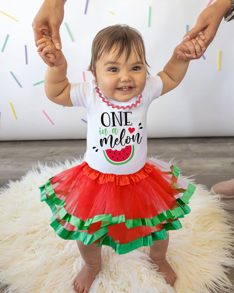 One in a Melon 1st Birthday Outfit for Girls – Short Sleeve Bodysuit, Watermelon Tutu Skirt & Headband Set