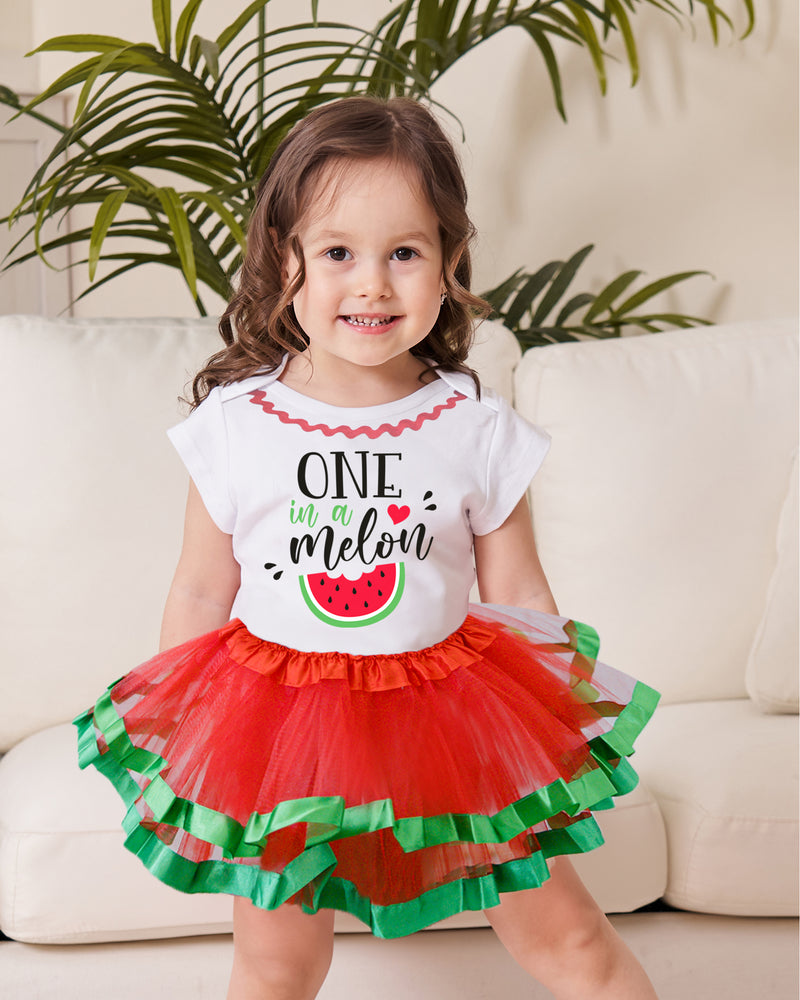 One in a Melon 1st Birthday Outfit for Girls – Short Sleeve Bodysuit, Watermelon Tutu Skirt & Headband Set