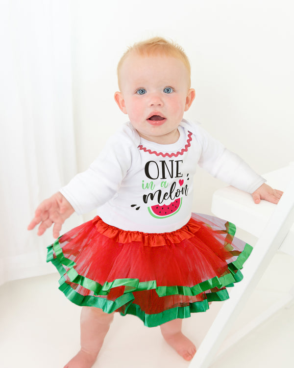 One in a Melon 1st Birthday Outfit for Girls – Long Sleeve Bodysuit, Watermelon Tutu Skirt & Headband Set