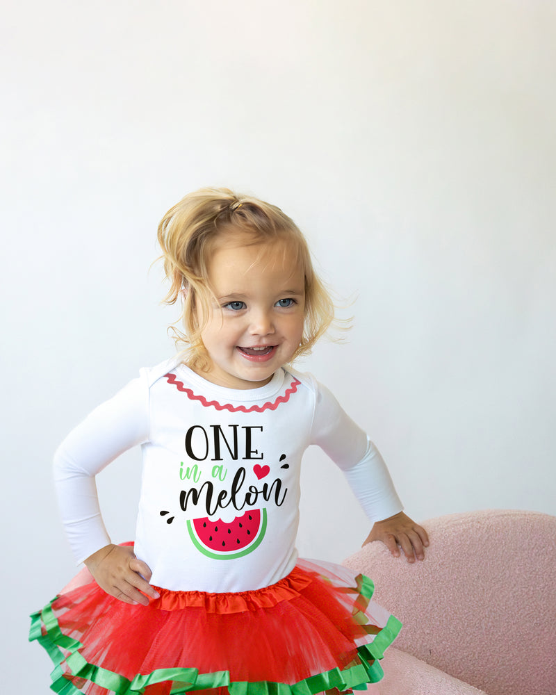 One in a Melon 1st Birthday Outfit for Girls – Long Sleeve Bodysuit, Watermelon Tutu Skirt & Headband Set