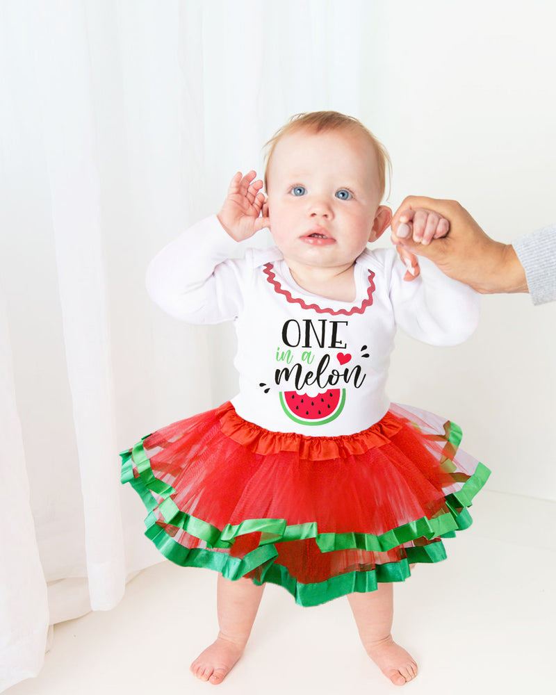 One in a Melon 1st Birthday Outfit for Girls – Long Sleeve Bodysuit, Watermelon Tutu Skirt & Headband Set