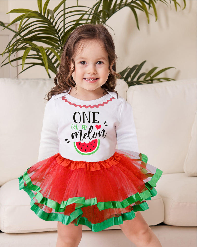 One in a Melon 1st Birthday Outfit for Girls – Long Sleeve Bodysuit, Watermelon Tutu Skirt & Headband Set