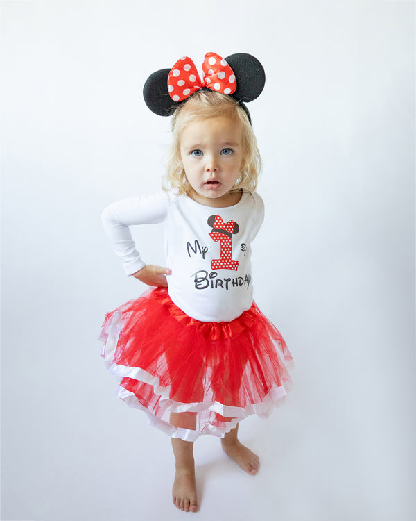 Minnie Red 1st Birthday Outfit for Girls – Long Sleeve Bodysuit, Red Tutu Skirt & Mouse Ear Headband Set