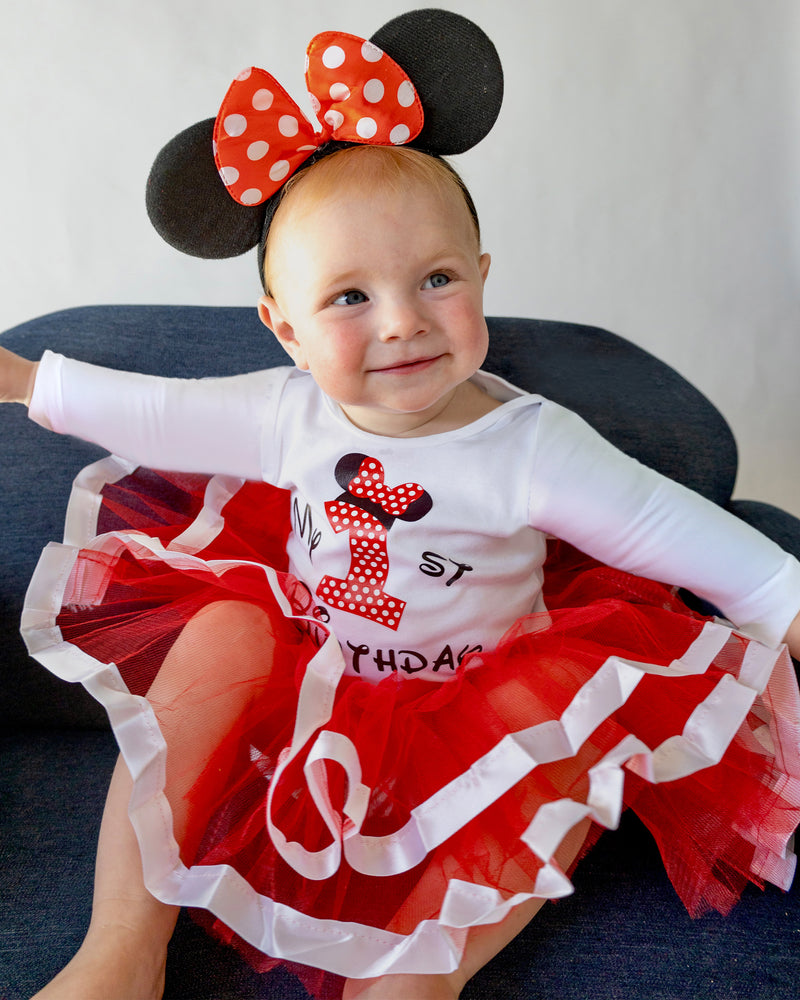 Minnie Red 1st Birthday Outfit for Girls – Long Sleeve Bodysuit, Red Tutu Skirt & Mouse Ear Headband Set