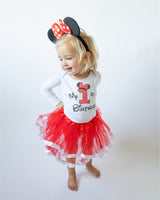Minnie Red 1st Birthday Outfit for Girls – Long Sleeve Bodysuit, Red Tutu Skirt & Mouse Ear Headband Set