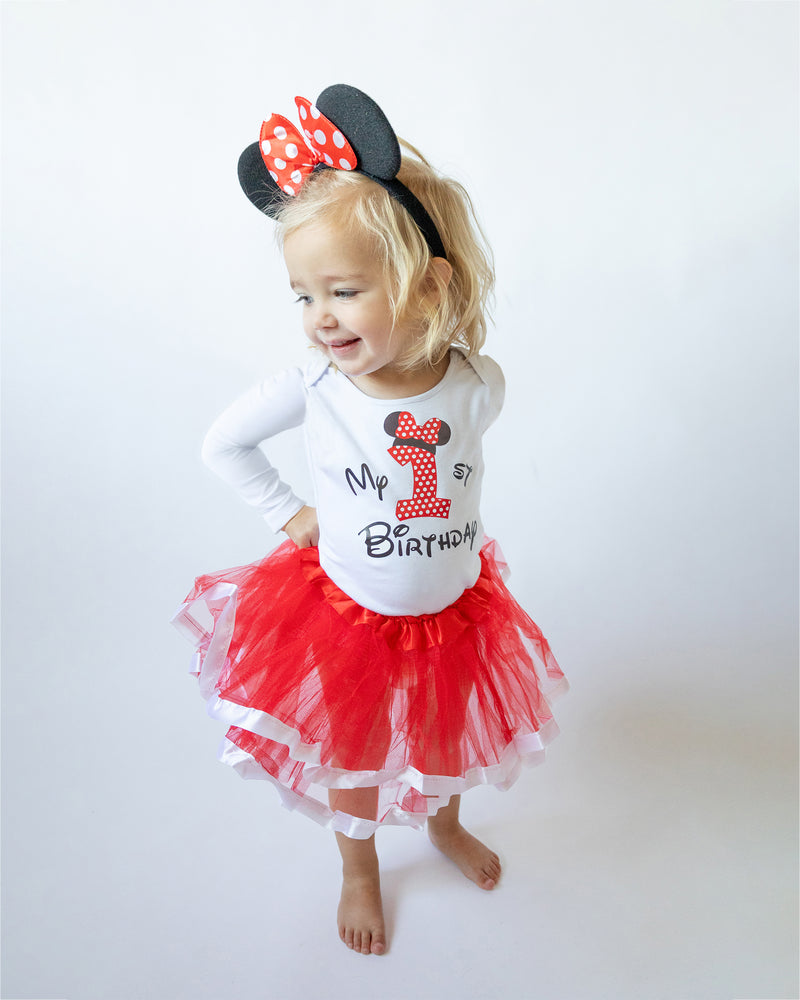 Minnie Red 1st Birthday Outfit for Girls – Long Sleeve Bodysuit, Red Tutu Skirt & Mouse Ear Headband Set
