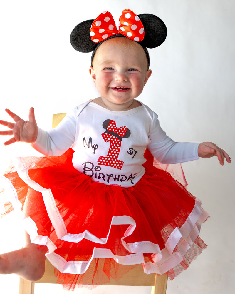 Minnie Red 1st Birthday Outfit for Girls – Long Sleeve Bodysuit, Red Tutu Skirt & Mouse Ear Headband Set