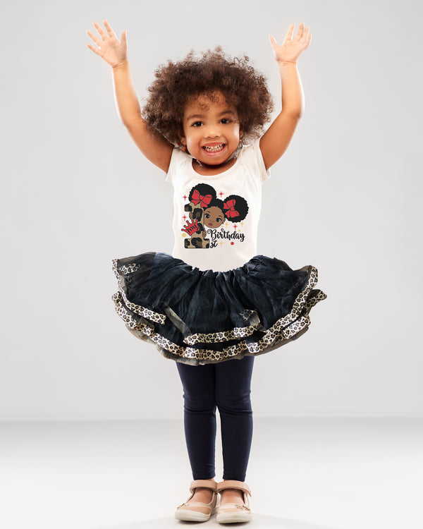 Leopard Afro Puff 1st Birthday Outfit for Girls – Short Sleeve Bodysuit, Tutu Skirt & Headband Set