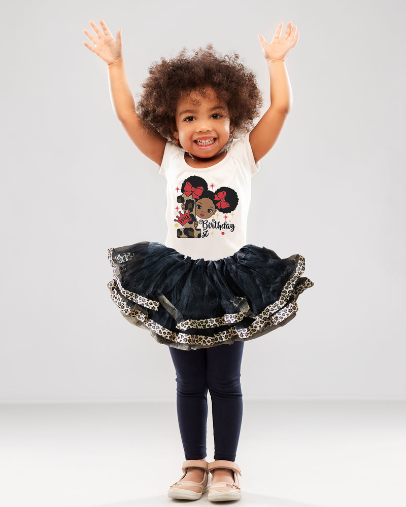 Leopard Afro Puff 1st Birthday Outfit for Girls – Short Sleeve Bodysuit, Tutu Skirt & Headband Set
