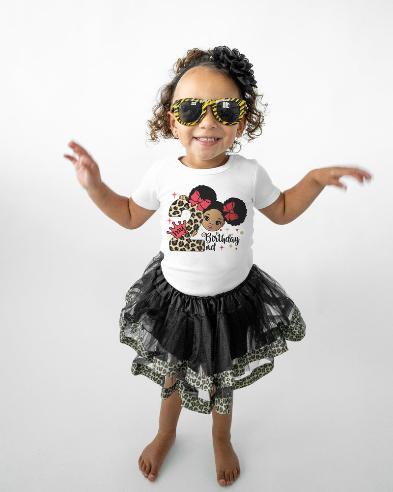 Afro Puff 2nd Birthday Outfit for Girls – Short Sleeve Bodysuit, Leopard Tutu Skirt & Headband Set