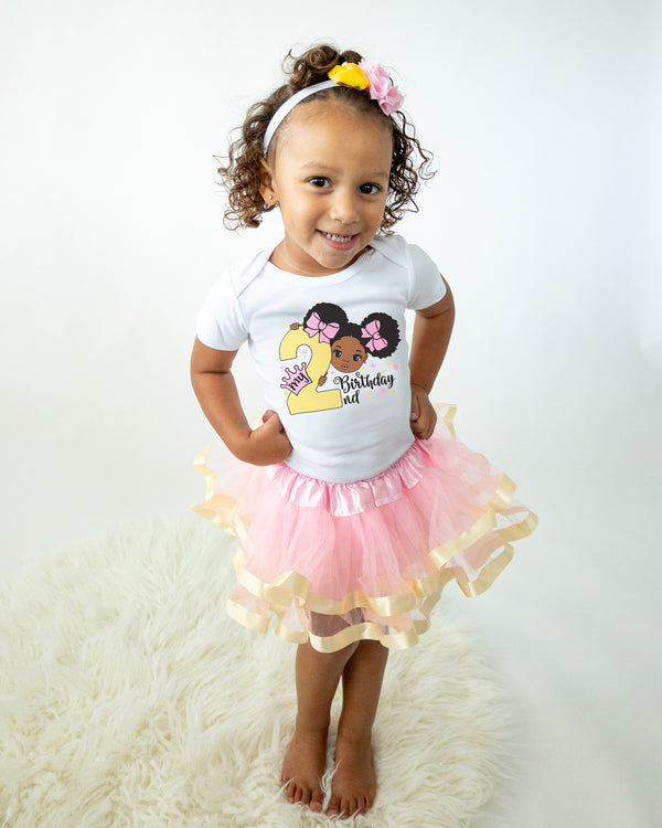 Afro Puff 2nd Birthday Outfit for Girls – Short Sleeve Bodysuit, Pink & Gold Tutu Skirt & Headband Set