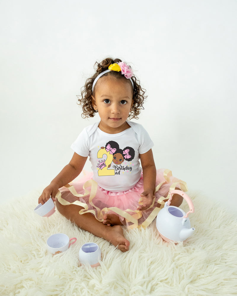 Afro Puff 2nd Birthday Outfit for Girls – Short Sleeve Bodysuit, Pink & Gold Tutu Skirt & Headband Set