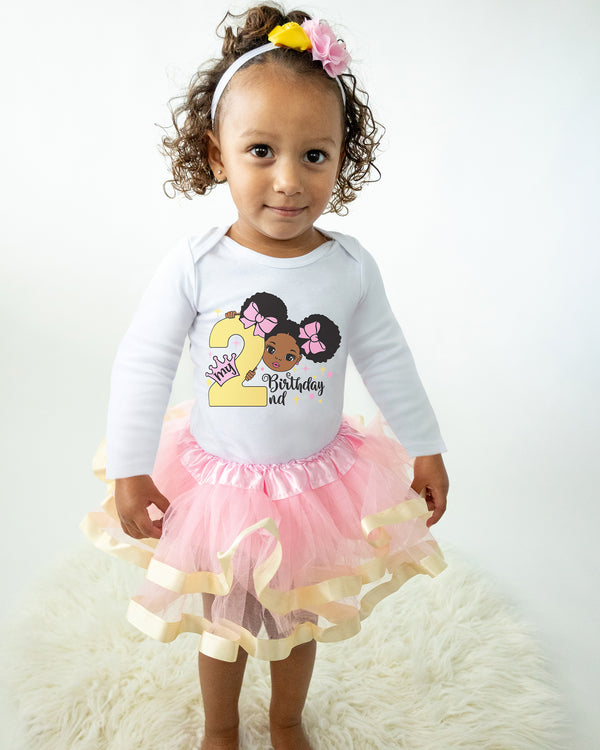 Afro Puff 2nd Birthday Outfit for Girls – Long Sleeve Bodysuit, Pink & Gold Tutu Skirt & Headband Set