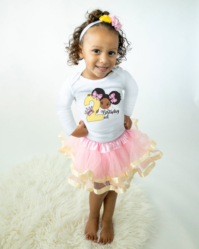 Afro Puff 2nd Birthday Outfit for Girls – Long Sleeve Bodysuit, Pink & Gold Tutu Skirt & Headband Set