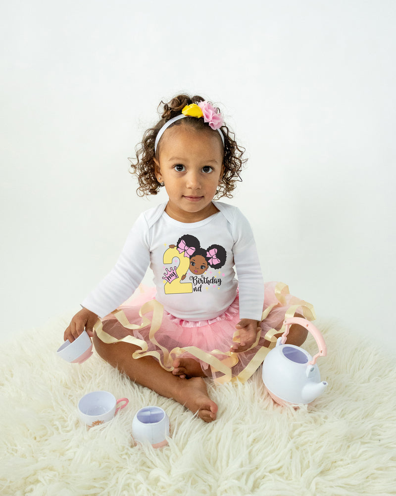 Afro Puff 2nd Birthday Outfit for Girls – Long Sleeve Bodysuit, Pink & Gold Tutu Skirt & Headband Set