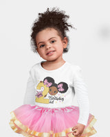 Afro Puff 2nd Birthday Outfit for Girls – Long Sleeve Bodysuit, Pink & Gold Tutu Skirt & Headband Set