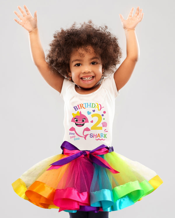 Rainbow Shark 2nd Birthday Outfit for Girls – Short Sleeve Bodysuit, Tutu Skirt & Headband Set