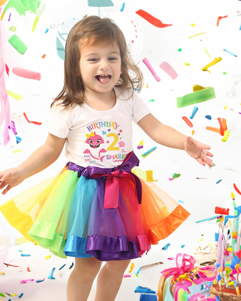 Rainbow Shark 2nd Birthday Outfit for Girls – Short Sleeve Bodysuit, Tutu Skirt & Headband Set