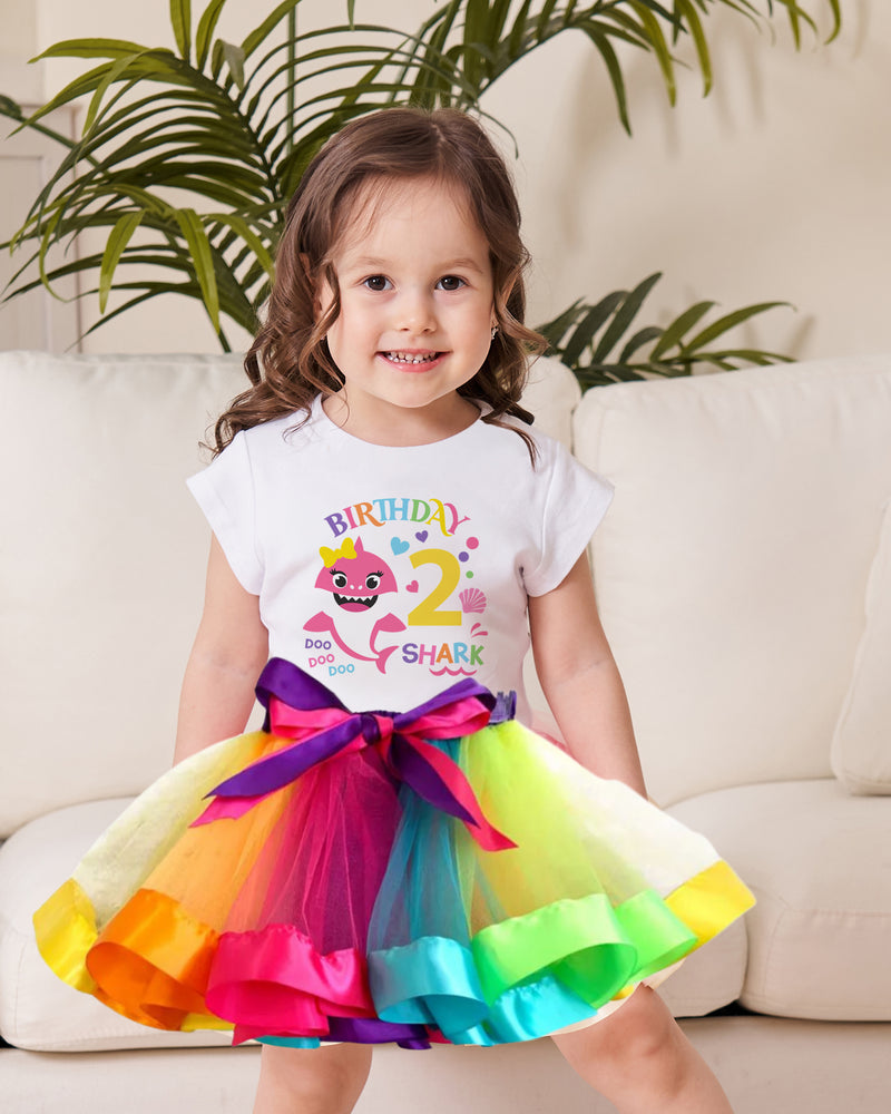 Rainbow Shark 2nd Birthday Outfit for Girls – Short Sleeve Bodysuit, Tutu Skirt & Headband Set