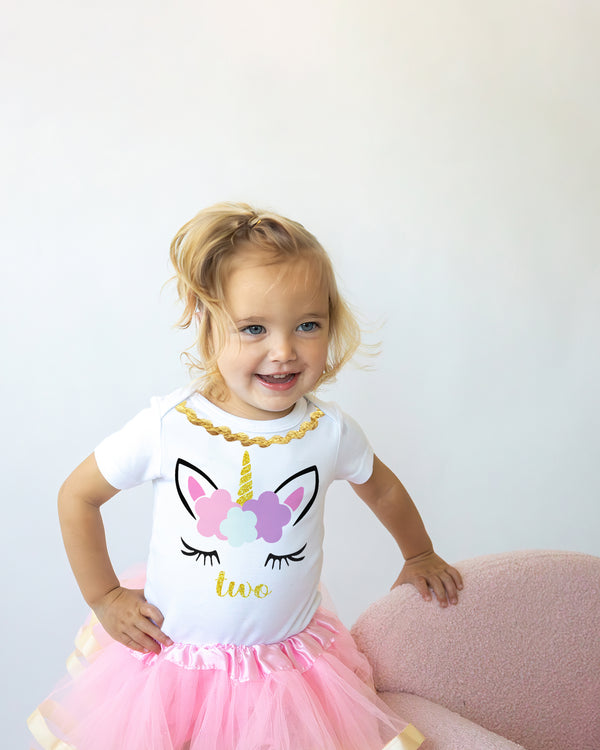 Unicorn 2nd Birthday Outfit for Girls – Short Sleeve Bodysuit, Pink Tutu Skirt & Headband Set