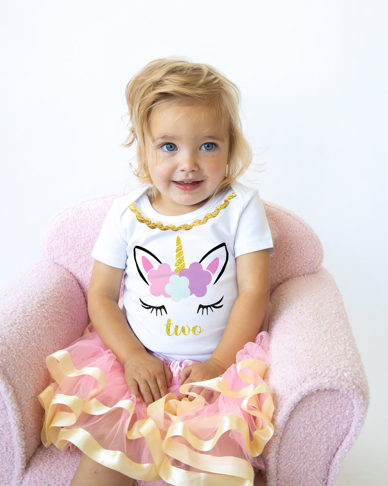 Unicorn 2nd Birthday Outfit for Girls – Short Sleeve Bodysuit, Pink Tutu Skirt & Headband Set