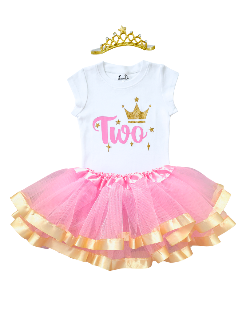 1st First 2nd Second Birthday Party Outfit- Baby Girl Pink Gold Silver Princess Tutu Set and Crown 2nd Birthday Gold Crown Short Sleeve