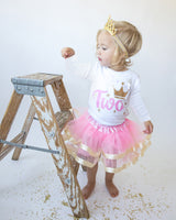 Pink & Gold Crown 2nd Birthday Outfit for Girls – Long Sleeve Bodysuit, Tutu Skirt & Tiara Headband Set