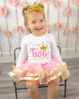 Pink & Gold Crown 2nd Birthday Outfit for Girls – Long Sleeve Bodysuit, Tutu Skirt & Tiara Headband Set