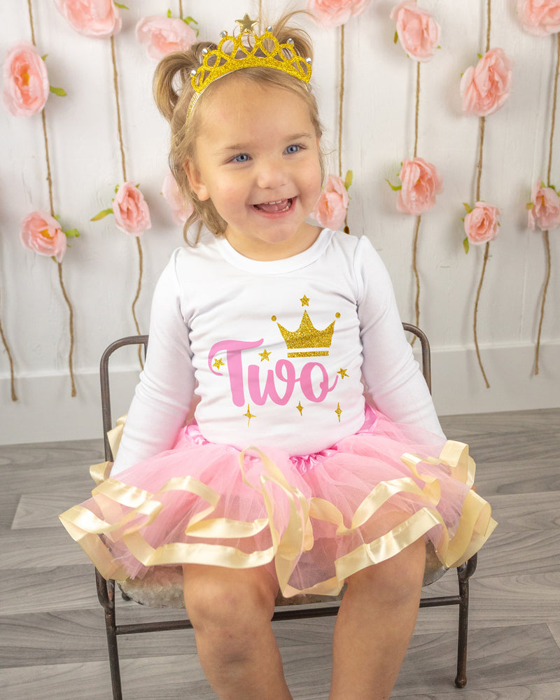 Pink & Gold Crown 2nd Birthday Outfit for Girls – Long Sleeve Bodysuit, Tutu Skirt & Tiara Headband Set