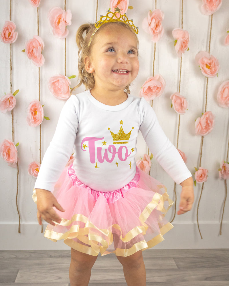 Pink & Gold Crown 2nd Birthday Outfit for Girls – Long Sleeve Bodysuit, Tutu Skirt & Tiara Headband Set