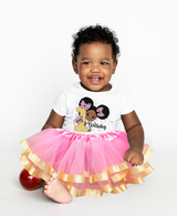 Pink & Gold Afro Puffs 1st Birthday Outfit for Girls – Short Sleeve Bodysuit, Tutu Skirt & Headband Set