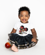 Leopard Afro Puff 1st Birthday Outfit for Girls – Short Sleeve Bodysuit, Tutu Skirt & Headband Set
