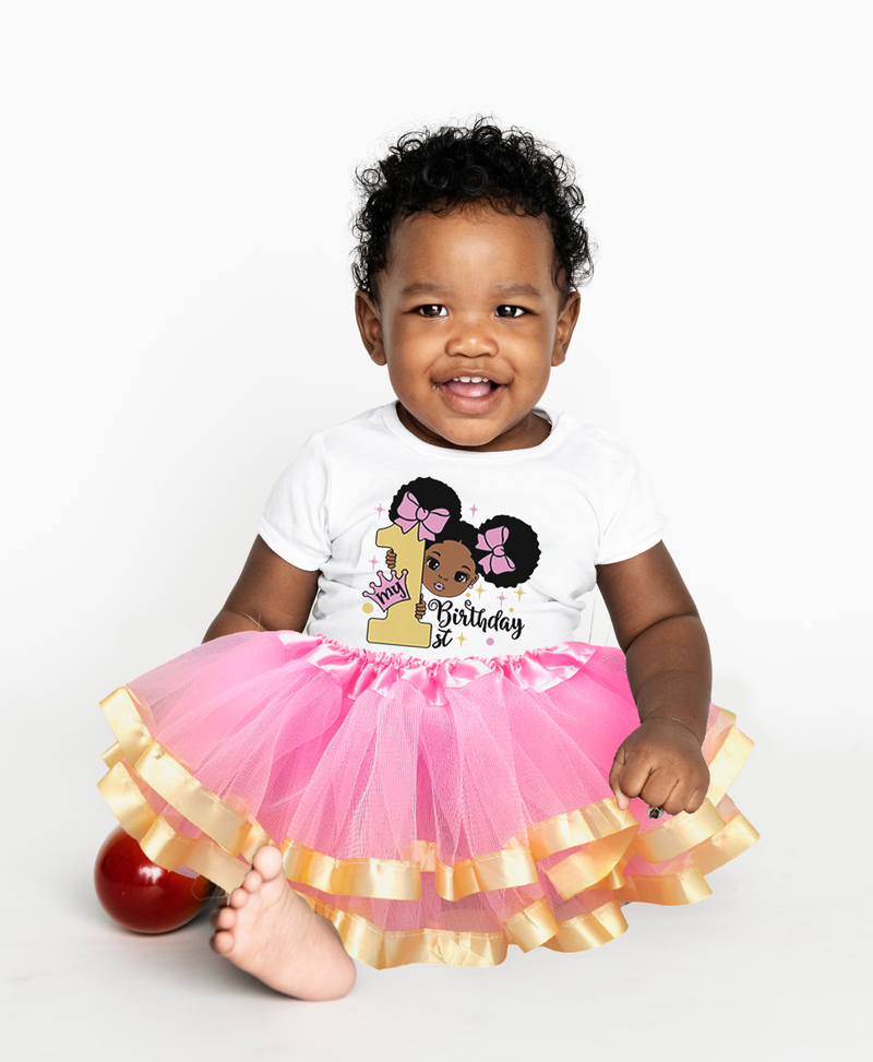 Pink & Gold Afro Puffs 1st Birthday Outfit for Girls – Short Sleeve Bodysuit, Tutu Skirt & Headband Set