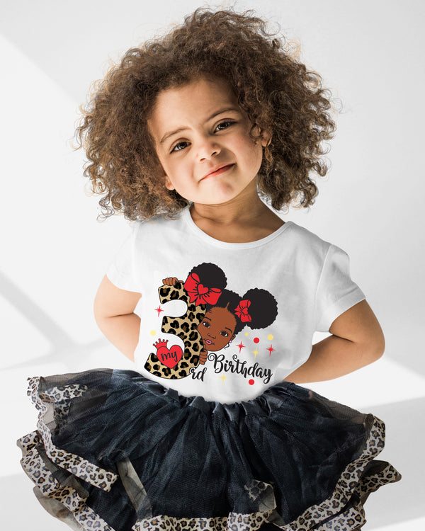 Girls 3rd Birthday Outfit – Short Sleeve Leopard Afro Puffs Shirt, Tutu Skirt & Headband Set