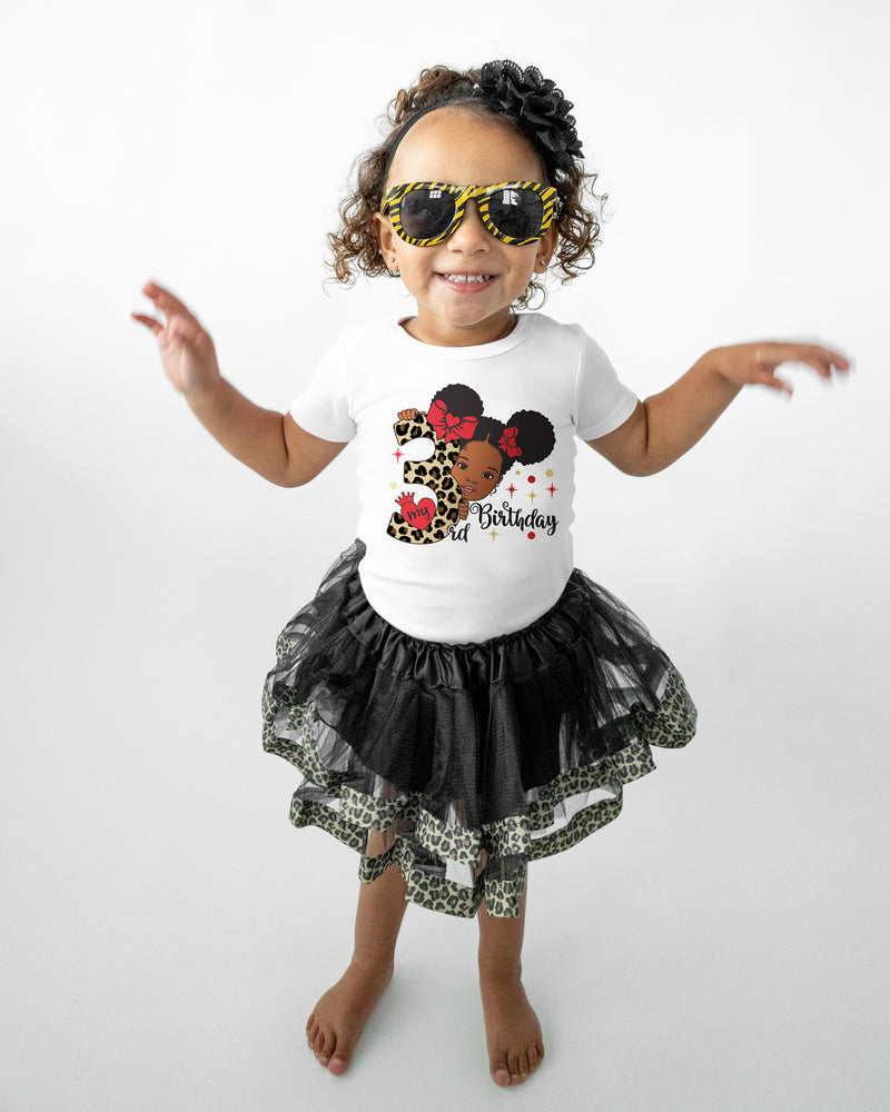 Girls 3rd Birthday Outfit – Short Sleeve Leopard Afro Puffs Shirt, Tutu Skirt & Headband Set