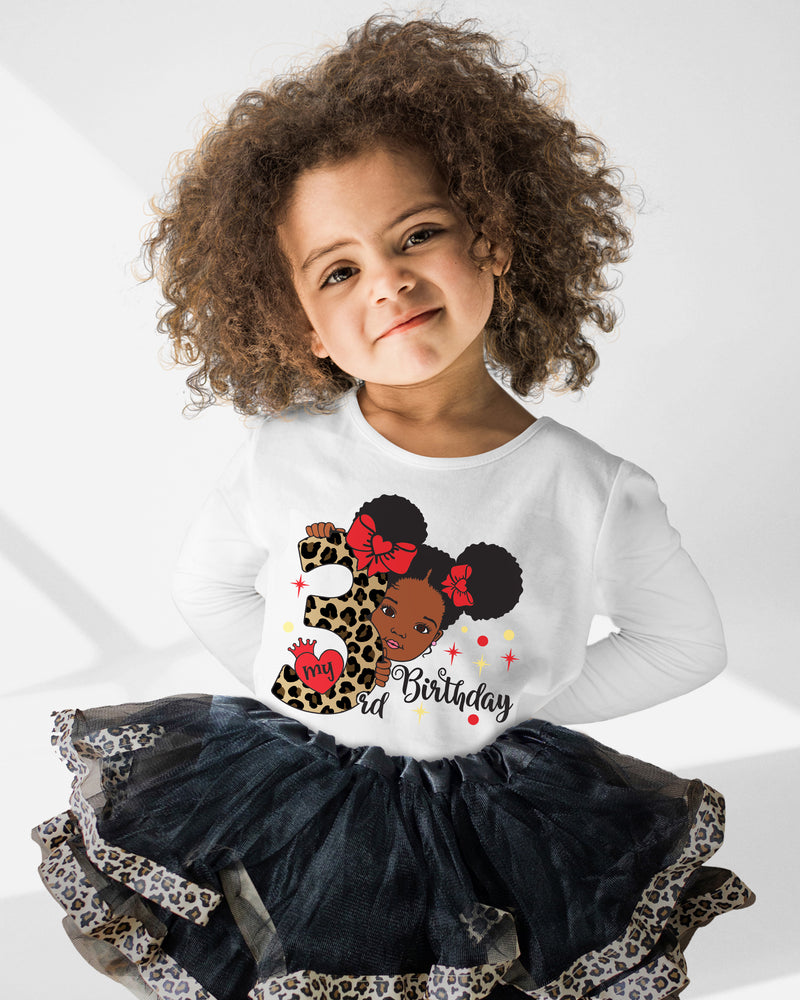 Girls 3rd Birthday Outfit – Long Sleeve Leopard Afro Puffs Shirt, Tutu Skirt & Headband Set
