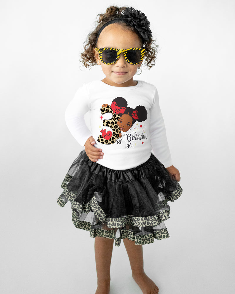 Girls 3rd Birthday Outfit – Long Sleeve Leopard Afro Puffs Shirt, Tutu Skirt & Headband Set