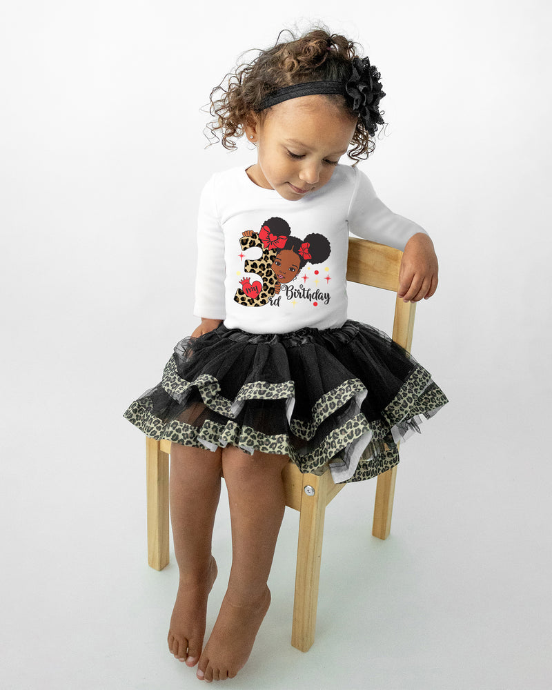 Girls 3rd Birthday Outfit – Long Sleeve Leopard Afro Puffs Shirt, Tutu Skirt & Headband Set