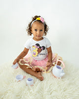 Girls 3rd Birthday Outfit – Short Sleeve Pink & Gold Afro Puffs Shirt, Tutu Skirt & Headband Set