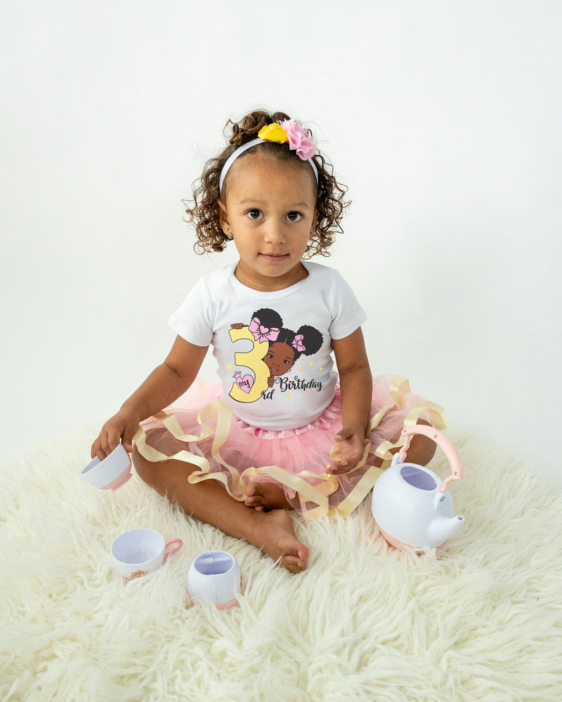 Girls 3rd Birthday Outfit – Short Sleeve Pink & Gold Afro Puffs Shirt, Tutu Skirt & Headband Set
