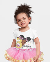 Girls 3rd Birthday Outfit – Short Sleeve Pink & Gold Afro Puffs Shirt, Tutu Skirt & Headband Set