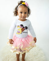 Girls 3rd Birthday Outfit – Long Sleeve Pink & Gold Afro Puffs Shirt, Tutu Skirt & Headband Set