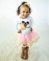 Girls 3rd Birthday Outfit – Long Sleeve Pink & Gold Afro Puffs Shirt, Tutu Skirt & Headband Set